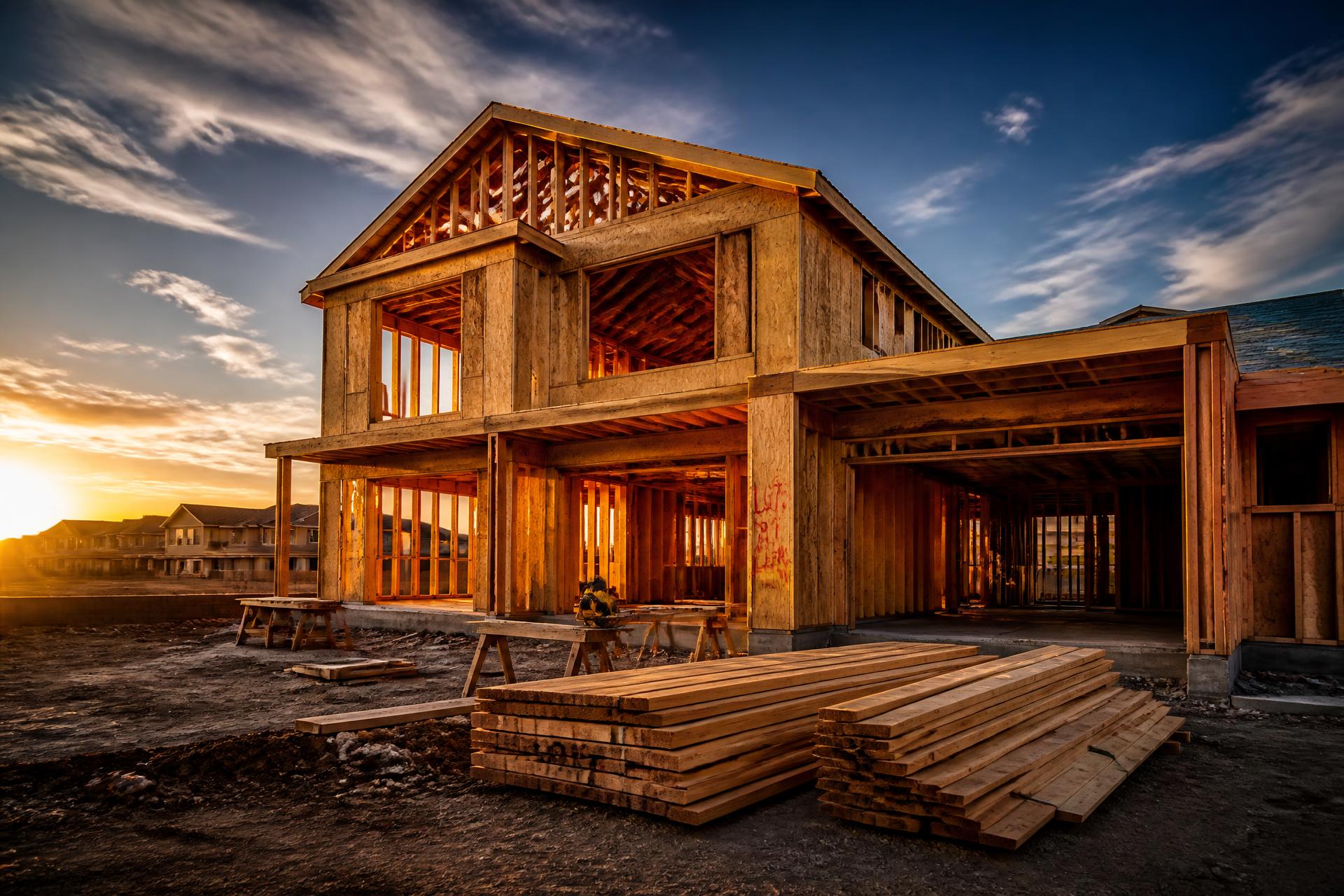 Michael's Construction crew working on a modern home exterior at sunset